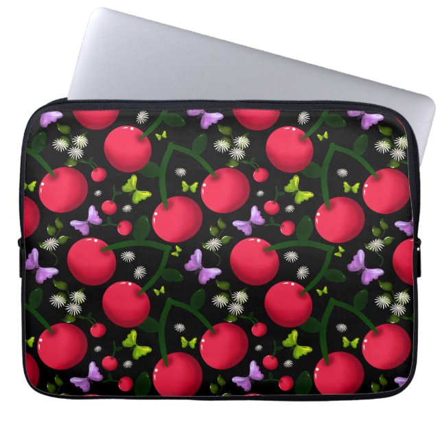 Cute Cherry Butterfly Pattern, Glossy Kawaii Fruit Laptop Sleeve (Front)