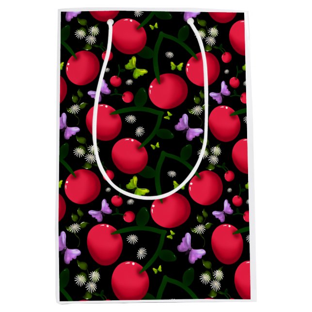 Cute Cherry Butterfly Pattern, Glossy Kawaii Fruit Medium Gift Bag (Front)