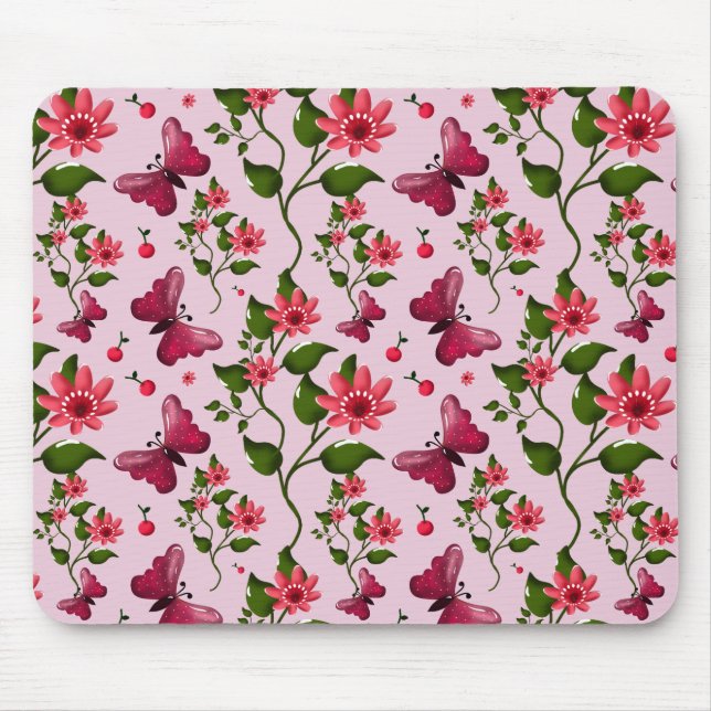 Cute Cherry Butterfly Pattern, Glossy Kawaii Fruit Mouse Pad (Front)