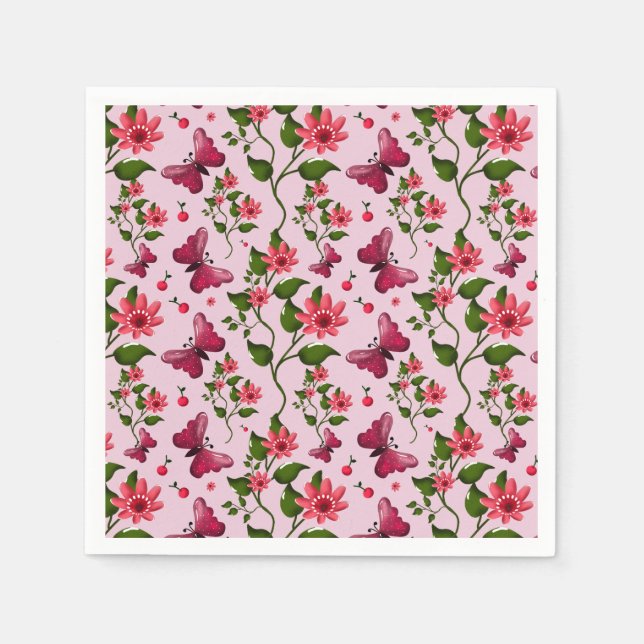 Cute Cherry Butterfly Pattern, Glossy Kawaii Fruit Napkin (Front)