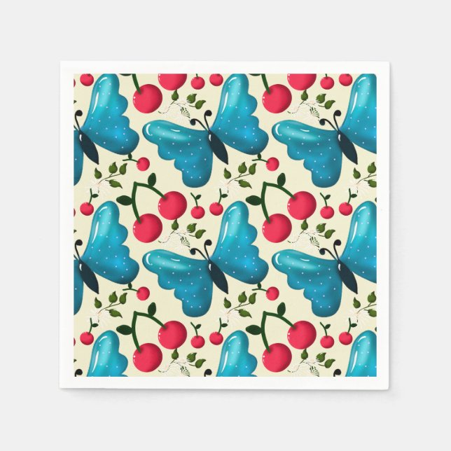 Cute Cherry Butterfly Pattern, Glossy Kawaii Fruit Napkin (Front)