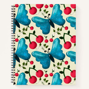 Cute Cherry Butterfly Pattern, Glossy Kawaii Fruit Notebook