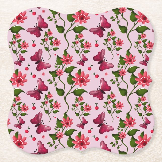 Cute Cherry Butterfly Pattern, Glossy Kawaii Fruit Paper Coaster (Front)
