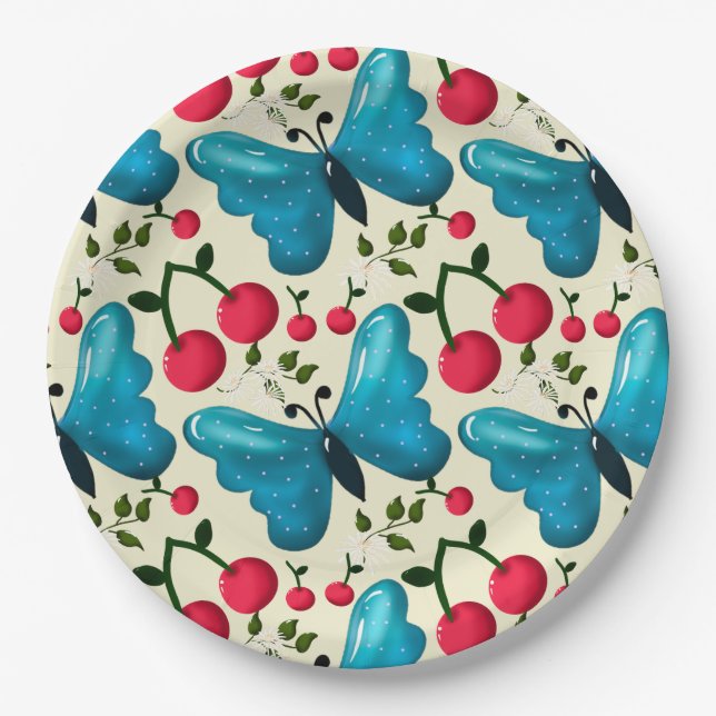Cute Cherry Butterfly Pattern, Glossy Kawaii Fruit Paper Plate (Front)