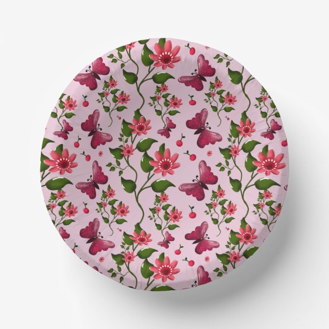 Cute Cherry Butterfly Pattern, Glossy Kawaii Fruit Paper Plate (Front)