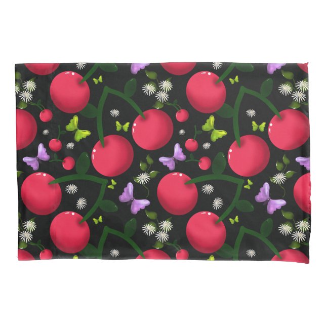 Cute Cherry Butterfly Pattern, Glossy Kawaii Fruit Pillowcase (Front)