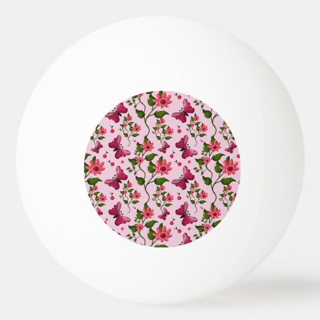 Cute Cherry Butterfly Pattern, Glossy Kawaii Fruit Ping Pong Ball (Front)