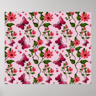 Cute Cherry Butterfly Pattern, Glossy Kawaii Fruit Poster