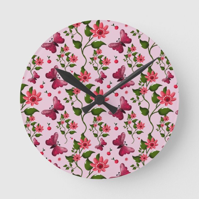 Cute Cherry Butterfly Pattern, Glossy Kawaii Fruit Round Clock (Front)