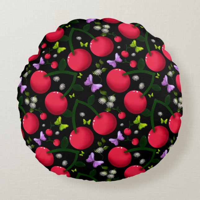Cute Cherry Butterfly Pattern, Glossy Kawaii Fruit Round Cushion (Front)