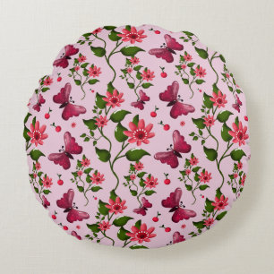 Cute Cherry Butterfly Pattern, Glossy Kawaii Fruit Round Cushion