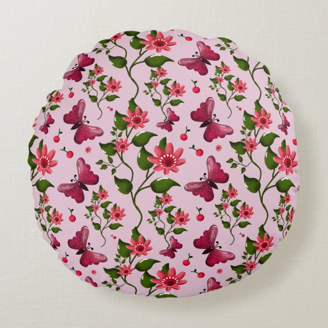 Cute Cherry Butterfly Pattern, Glossy Kawaii Fruit Round Cushion (Front)