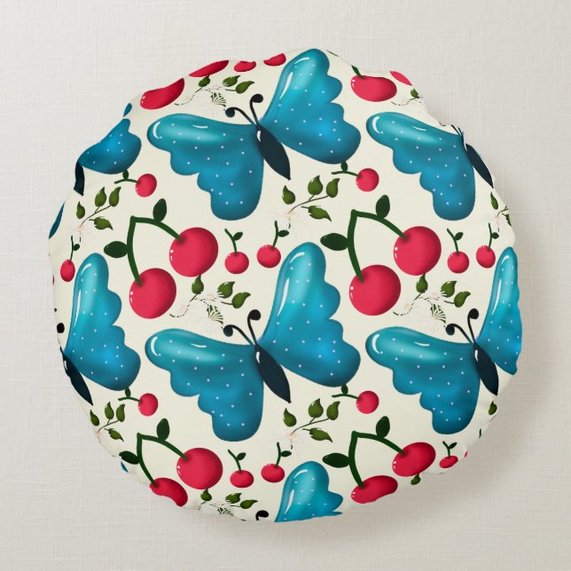 Cute Cherry Butterfly Pattern, Glossy Kawaii Fruit Round Cushion (Back)