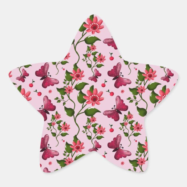 Cute Cherry Butterfly Pattern, Glossy Kawaii Fruit Star Sticker (Front)