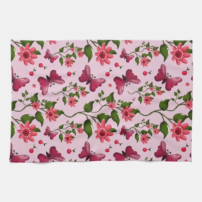 Cute Cherry Butterfly Pattern, Glossy Kawaii Fruit Tea Towel (Horizontal)
