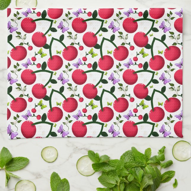Cute Cherry Butterfly Pattern, Glossy Kawaii Fruit Tea Towel (Folded)