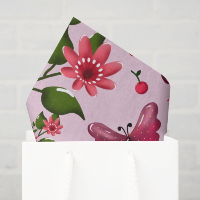 Cute Cherry Butterfly Pattern, Glossy Kawaii Fruit Tissue Paper (Gift Bag)