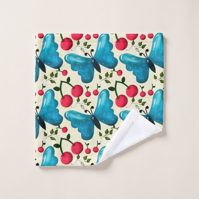 Cute Cherry Butterfly Pattern, Glossy Kawaii Fruit Wash Cloth (Wash Cloth)