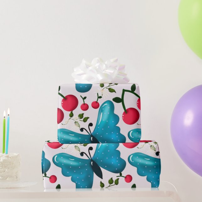 Cute Cherry Butterfly Pattern, Glossy Kawaii Fruit Wrapping Paper (Party Gifts)