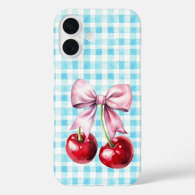 Cute Cherry Coquette Bow Blue Gingham  Case-Mate iPhone Case (Back)