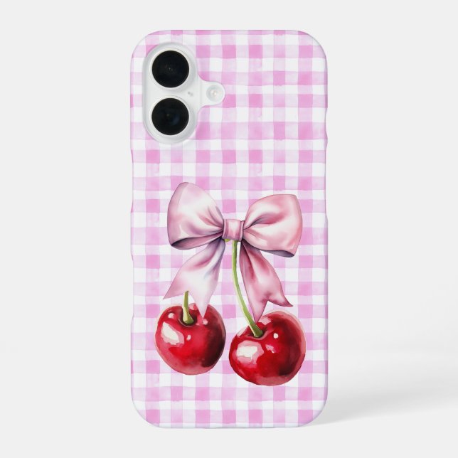 Cute Cherry Coquette Bow Pink Gingham  iPhone 16 Case (Back)