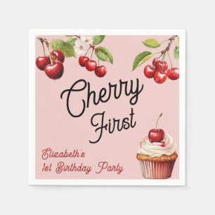 Cute Cherry First 1st Girly Birthday Pink Napkin