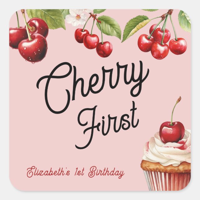 Cute Cherry First 1st Girly Birthday Pink Square Sticker (Front)