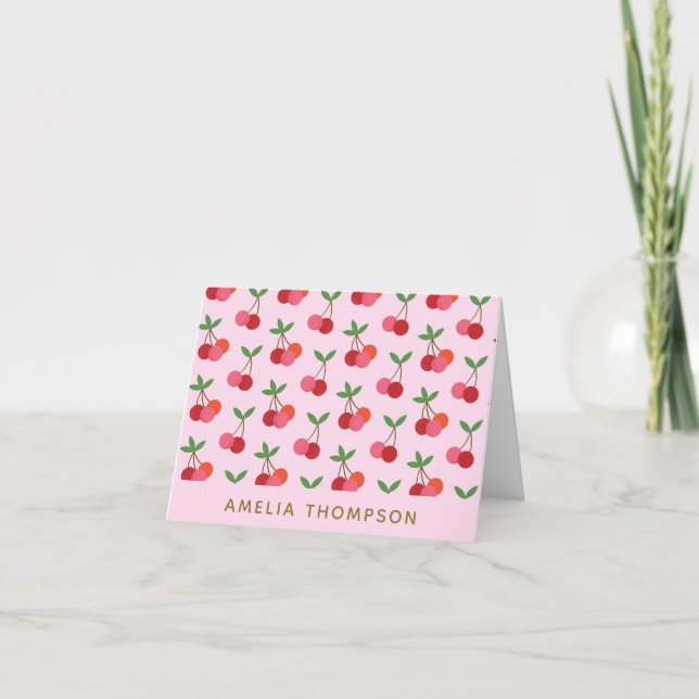 Cute Cherry Fruit Pattern Red Pink Personalised Card (Front)