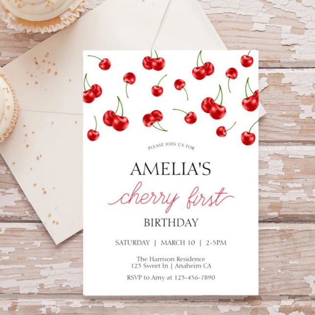 Cute Cherry Girl Berry First Birthday Party  Invitation (Creator Uploaded)
