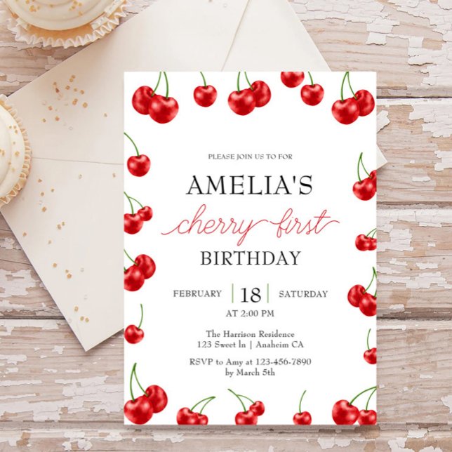 Cute Cherry Girl Berry First Birthday Party  Invitation (Creator Uploaded)