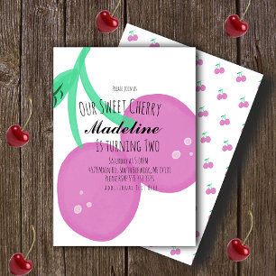 Cute Cherry Hand Drawn Sweet Birthday Pink Invitation