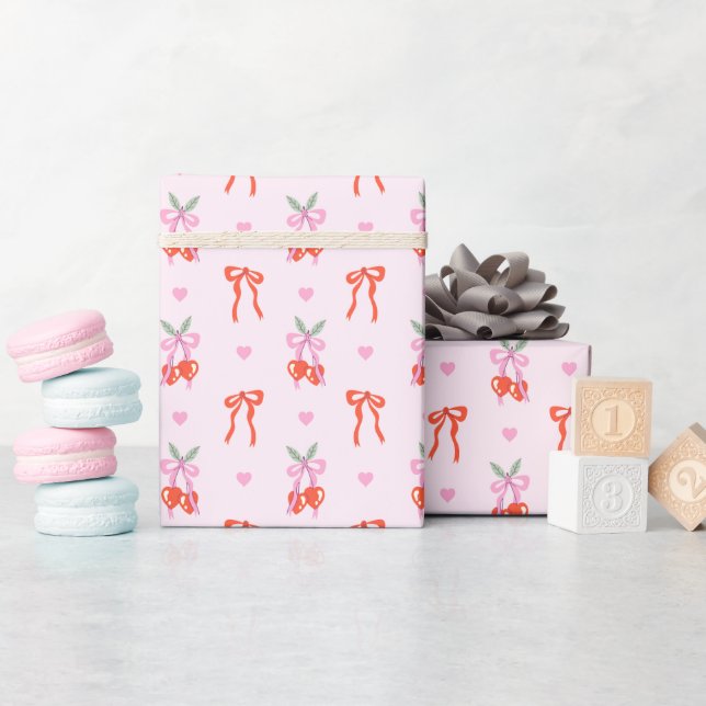 Cute Cherry Heart & Bow Print Wrapping Paper Roll (Baby Shower)
