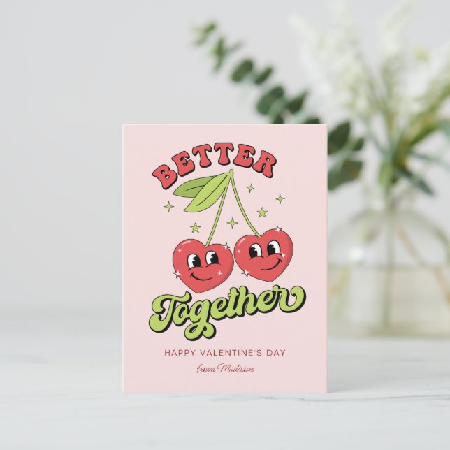 Cute Cherry Hearts Friends Better Together Postcard (Standing Front)