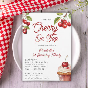 Cute Cherry On Top First 1st Birthday  Invitation