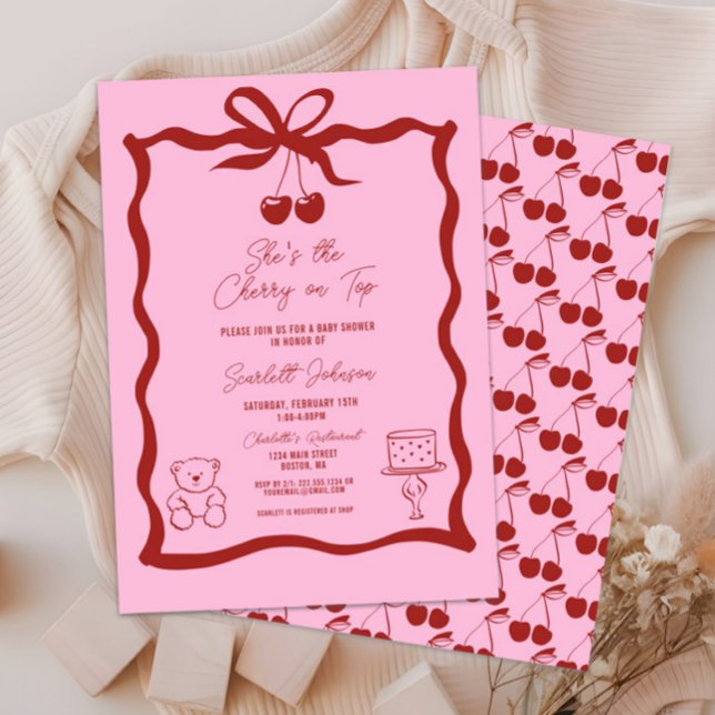 Cute Cherry on Top Pink and Red Baby Shower Invitation (She's the Cherry on Top Baby Shower Invitation, It's a Girl, Pink and Red, Hand Drawn, Bow, Chic)