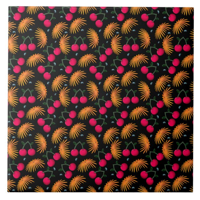 Cute Cherry Pattern Aesthetic | Red Cherry Seamles Ceramic Tile (Front)