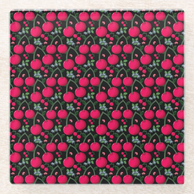 Cute Cherry Pattern Aesthetic | Red Cherry Seamles Glass Coaster (Front)