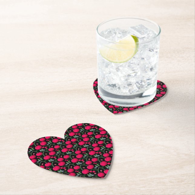 Cute Cherry Pattern Aesthetic | Red Cherry Seamles Paper Coaster (Insitu)