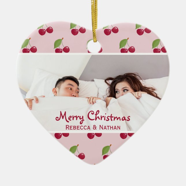 Cute Cherry Pattern Custom Photo Christmas Ceramic Ornament (Front)