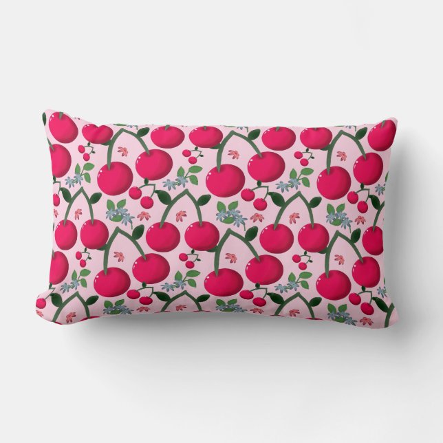 Cute Cherry  Pattern, Glossy Kawaii Fruit Lumbar Cushion (Front)