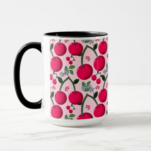 Cute Cherry  Pattern, Glossy Kawaii Fruit Mug (Left)