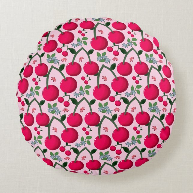 Cute Cherry  Pattern, Glossy Kawaii Fruit Round Cushion (Front)