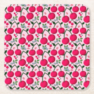Cute Cherry  Pattern, Glossy Kawaii Fruit Square Paper Coaster
