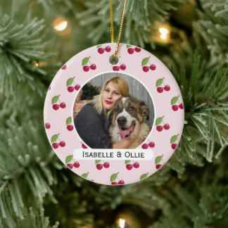 Cute Cherry Pattern Personalised Photo Ceramic Ornament