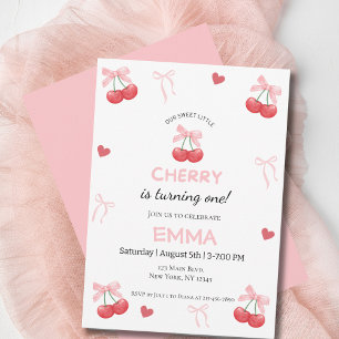 Cute Cherry Pink Bow Baby 1st Birthday Invitation