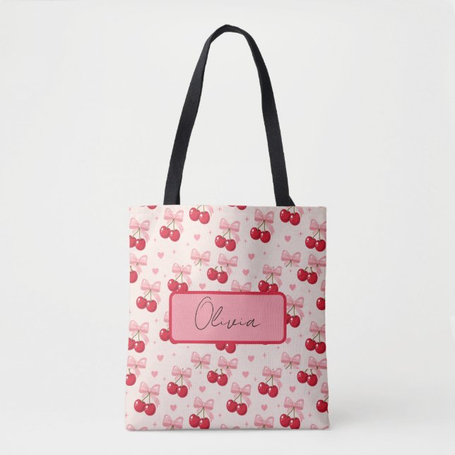Cute Cherry & Pink Bow Coquette Tote Bag (Front)