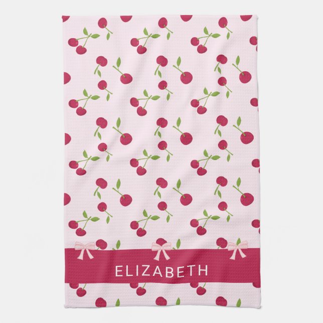 Cute Cherry Print Pattern Coquette Pink Custom Tea Towel (Vertical)