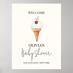 Cute Cherry Scoop Ice Cream Baby Shower Welcome Poster