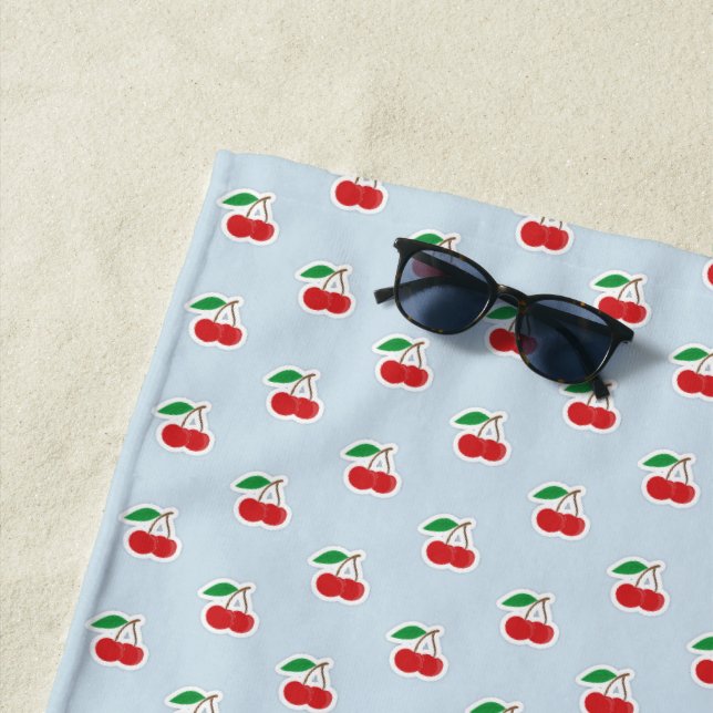 Cute Cherry Stems on Light Blue Beach Towel (In Situ)