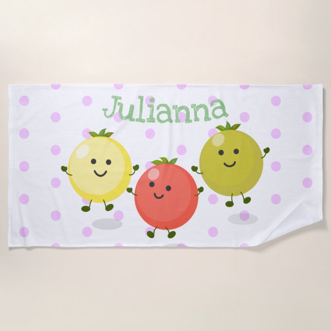 Cute cherry tomatoes cartoon illustration beach towel (Front)
